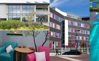 Collage of images of West London NHS Trust, including hospital buildings, comfortable seating, and colourful light shining into open, airy rooms.