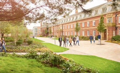 An exterior photo of Edge Hill University grounds and buildings