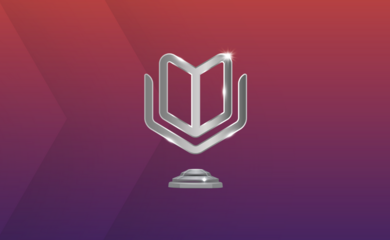 A pink and orange gradient with a silver trophy version of the AccessAble logo