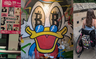 Three images from Katie's trip. Katie taking a mirror selfie in one of the many working lifts where you can see the poster for her friends show ‘Well Behaved Women’ on the wall. A funky street art painting of Donald Duck wearing snazzy sunglasses in bright colours.  Katie is in her pink wheelchair facing away from the camera at the top of an old staircase. You can see all the pins on her battery bag and a turret of Edinburgh Castle in the background