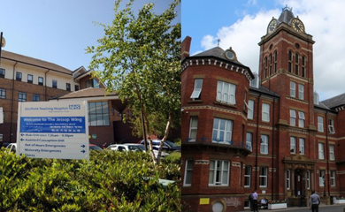 An exterior of a hospital building for Sheffield Teaching Hospitals with trees and bushes in the foreground to the left and a gothic red-bricked hospital building to the right. 