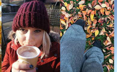 a collage of images, left to right, autumn tree, selfie with hot chocolate outdoors with winter clothing, close up of shoes on leaf covered floo, exterior of historic building.