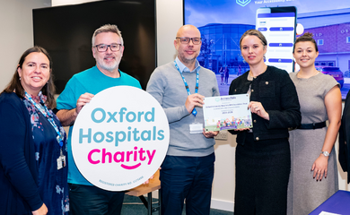 From left: Leigh Williams (Co-Chair, OUH Disability, Accessibility and Carers Staff Network), Clare Winch (Director of Assurance, OUH), Douglas Graham (Chief Executive Officer, Oxford Hospitals Charity), Simon Crowther (Interim Chief Executive Officer, OUH), Anna Nelson (Chief Executive Officer, AccessAble), Ellen Ilott (Customer Success Manager, AccessAble), Hazel Murray (Head of Programme, Oxford Hospitals Charity). Credit: Oxford Medical Illustration OUH NHS