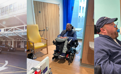 Mosaic of three images. Ross in his powered wheelchair performs a breathing test using a handheld spirometry device. He has a nose clip on and is blowing into a blue mouthpiece while a respiratory clinician in red NHS uniform and gloves assists him. Exterior of a hospital and Ross in his powered wheelchair sits in a private hospital room with pale wooden floors and light-coloured furniture. He is positioned near the foot of a hospital bed, with water bottles on the floor and medical equipment around the room. He appears to be resting with his eyes closed.