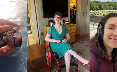 A photo of Ross laying on an inflatable in a swimming pool. Hannah posing in her wheelchair and Beth at a heritage attraction with headphones on. 