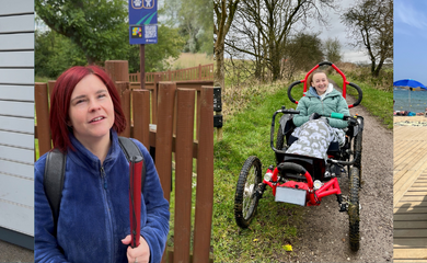 a photo of sassy (left) at a park with her walking aid. Pippa (Right) in an outdoor mobility bike on a path in the countryside and in a mobility scooter on a wooden promenade on a beach