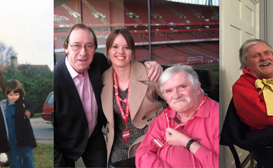 A man and child feeding ducks (left) Anna Nelson Chief Exec of AccessAble with dad, dad smiling with dog on lap in red jumper (right)