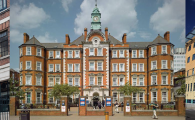 exterior photo of Hammersmith Hospital building with people walking into grounds. 