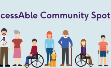 hero image shows a light blue background with the words 'AccessAble Community Spotlight' in the top left corner a cartoon hand is holding a lightbulb and there is a row of diverse cartoon people along the bottom edge ob the image