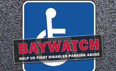 Blue badge with wheelchair on it. Text over the top of it reading Baywatch help us fight disabled parking abuse 
