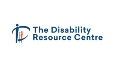 Blue text which says The Disability Resource Centre. Blue and Orange graphic of stick people. 