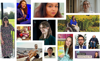 A collage of portrait photos showing a diverse group of AccessAble Ambassadors. The images include wheelchair users and non wheelchair users, men and women of different ages and ethnicities, photographed in a mix of indoor and outdoor settings such as parks, cafés, city streets, and conference stages. Several people are smiling or speaking to camera, some are seated in wheelchairs, and others are standing or sitting casually. One person holds a book titled “How to Live With a Chronic Illness” and another stands in front of a sign reading “The Shaw Trust Disability Power 100.” The overall image presents a varied and confident group representing different lived experiences of disability.