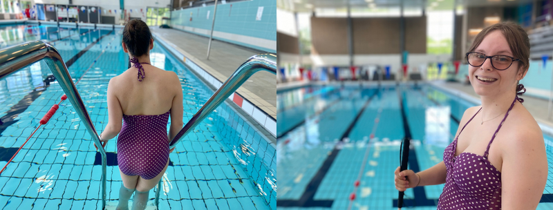 Chloe, a white woman with brown hair has her back to the camera. She’s in a purple swimming costume and is half way down swimming pool steps (L).  Chloe, a white woman with brown hair and dark glasses is smiling at the camera. She’s wearing a purple swimming costume and is holding a long white cane. (R)