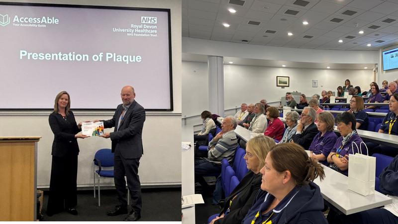 Left a photo of Anna Nelson handing a plaque in front of a powerpoint slide in a lecture, right a view of hospital colleagues sat in tiered seating listening to presentation. 