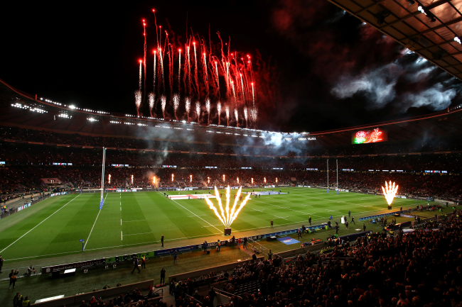 "night time image of the pitch with fireworks"