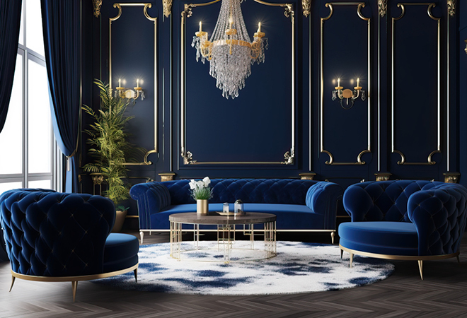 An elegant navy room with a chandelier, plush sofas and seating