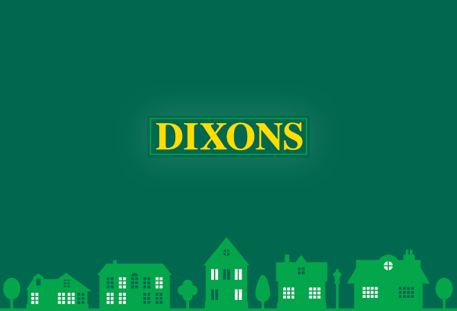"Dixons logo on a green background, light green houses along the bottom"