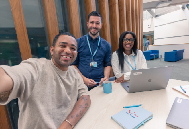 Selfie of an informal catch up in a hangout area in a TUI office
