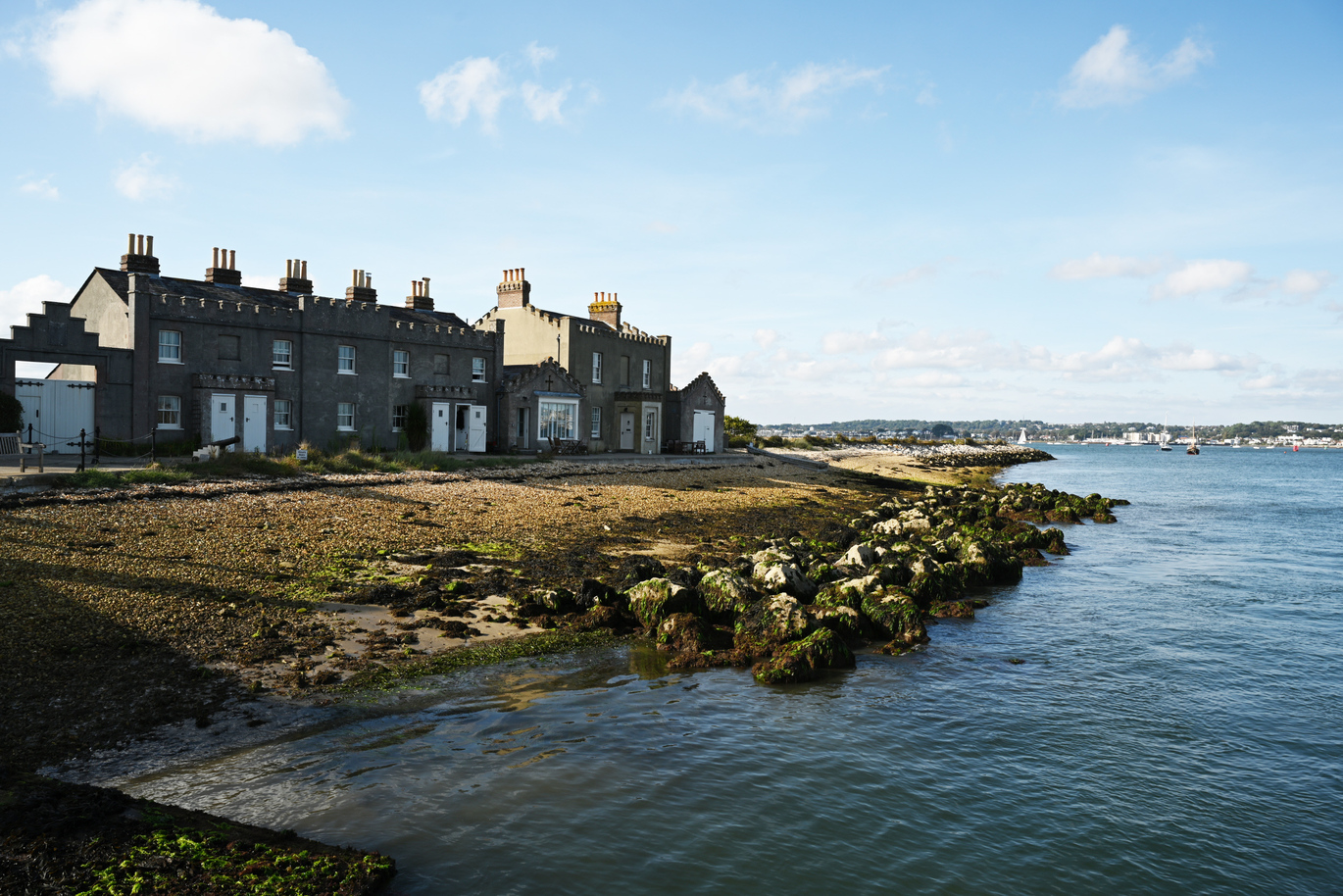 View over the water of the harbour cottages at Brownsea Island.