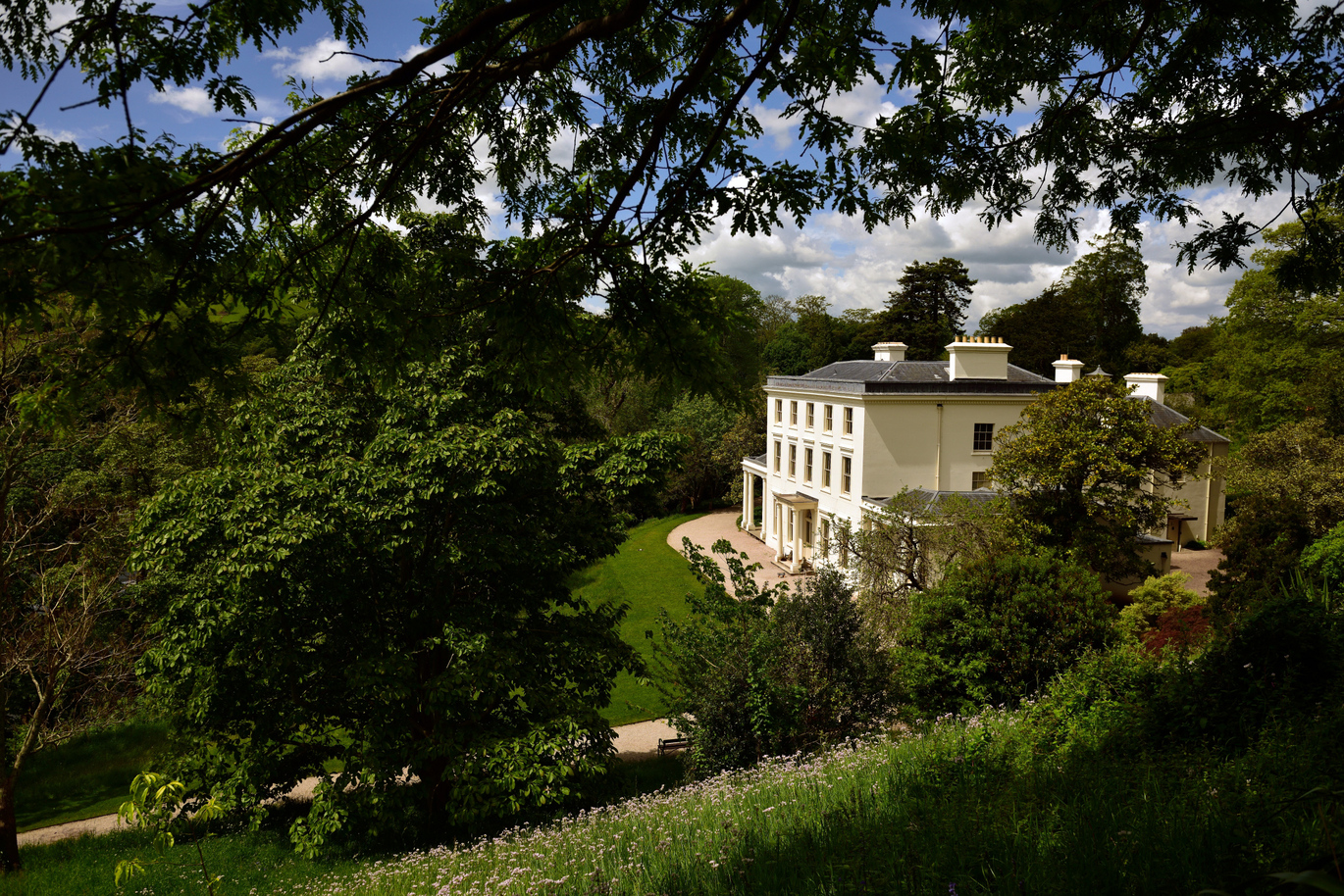 Side view of the large white 18th century house at Greenway with a lawn out the front, surrounded by many many trees, almost as if in a forest, with the blue, slightly cloudy sky peeking through the trees.