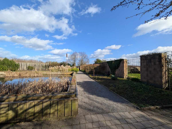 A paved path runs alongside a pond with reeds and grasses inside a walled garden, under a bright blue sky with scattered clouds
