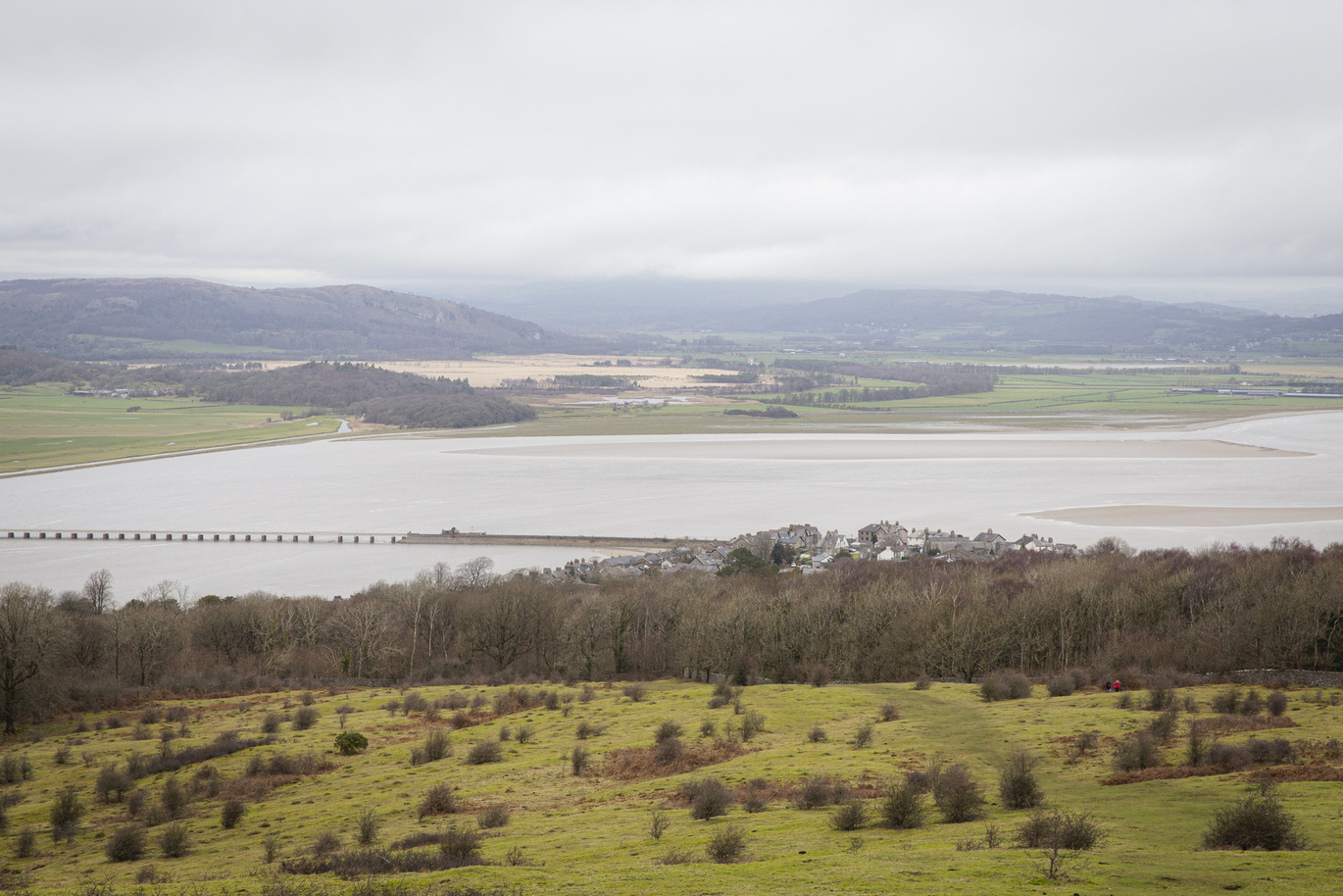 View over the landscape of the fields, hills and lake from Arnside Knott at Arnside and Silverdale.