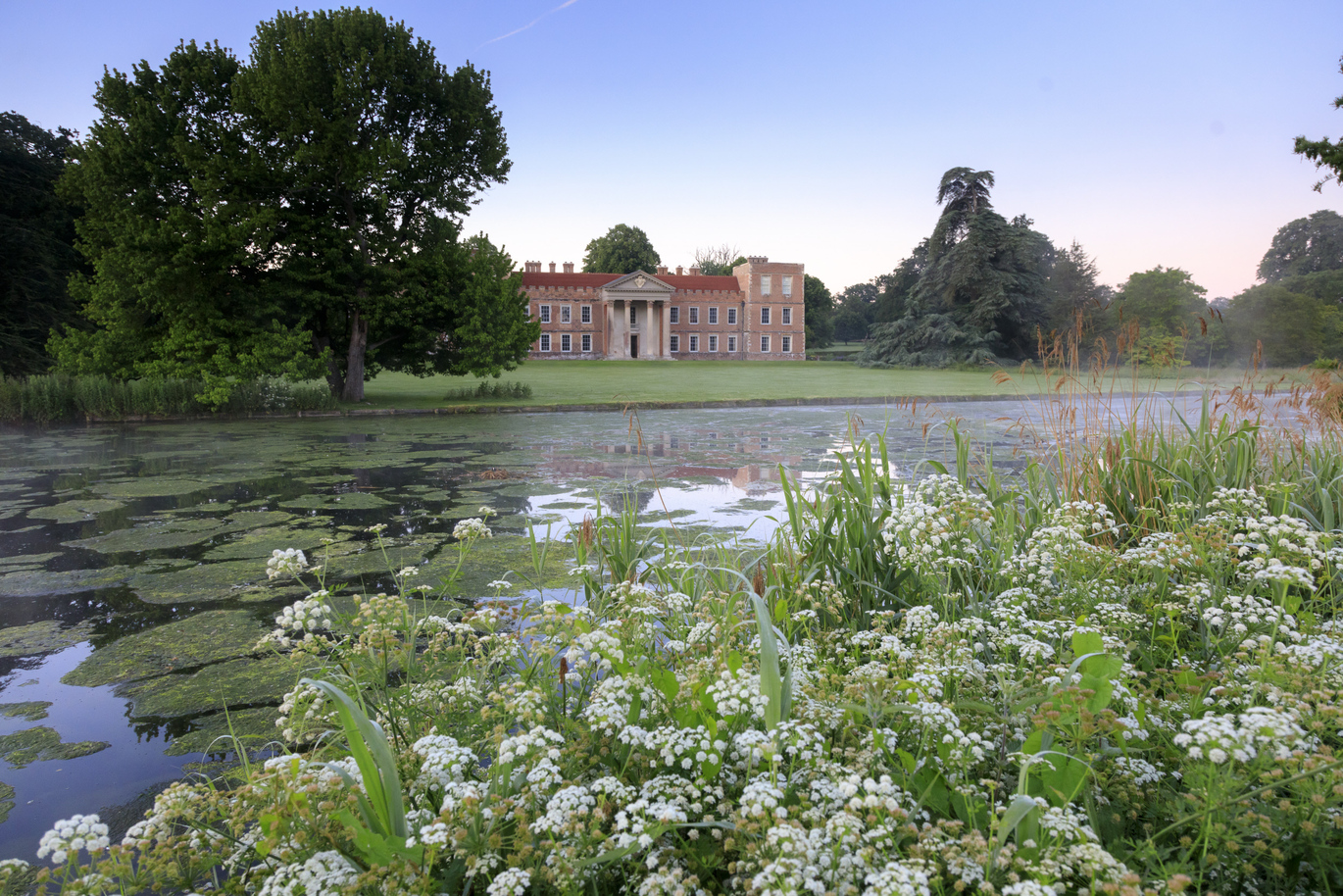 View of the north front across the lake in early morning light at the Vyne, Hampshire. The Vyne is a warm red-bricked Tudor mansion built in the 16th century. The lush green lawn out the front is surrounded by trees and leads directly to the lake which is coated by green algae and has reeds and cow parsley flowers on the bank. There is steam coming from the lake. 