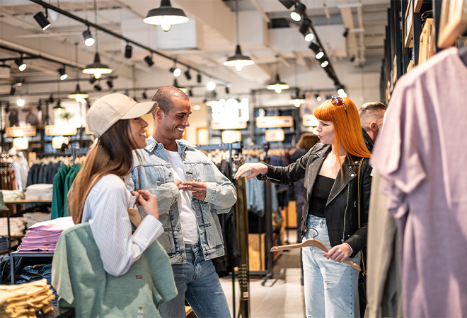 "3 people chatting together while inside a shop"