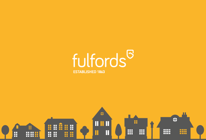 "Fulfords logo on an orange background, black houses across the bottom"