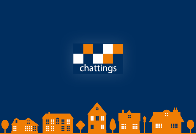 "Chattings logo on a blue background, orange houses across the bottom"