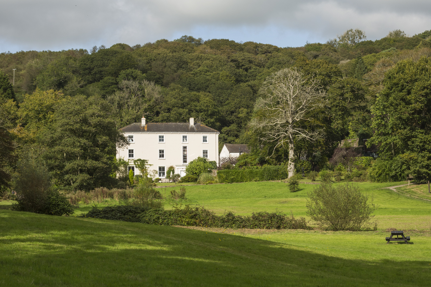 A large white house in the middle of a lush green field surrounded by many many trees which you cannot see beyond behind the house.