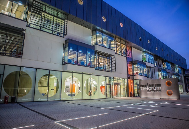"The Forum Building on Southend Campus at night."