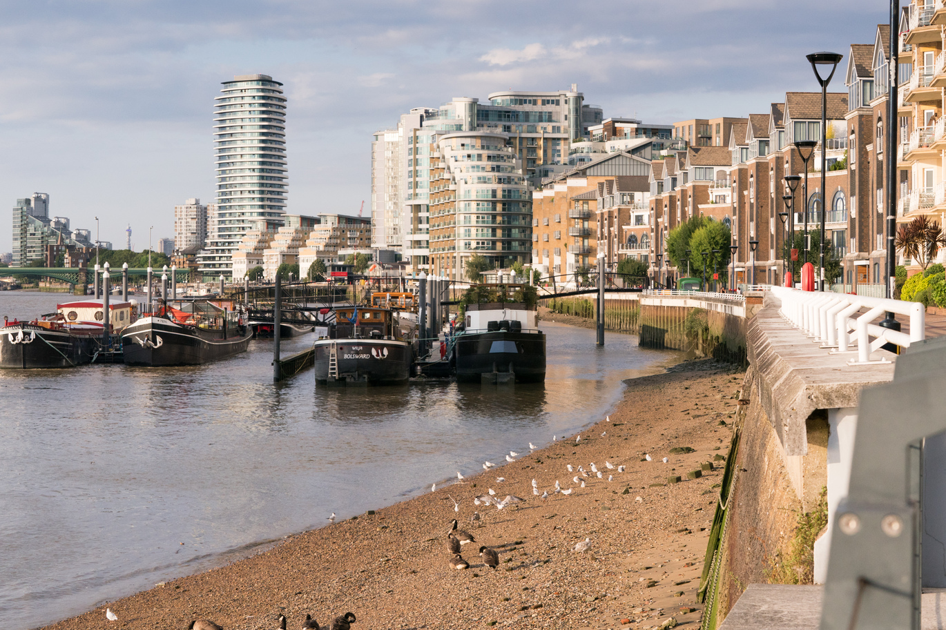 River bank with boats, shot in the daytime.