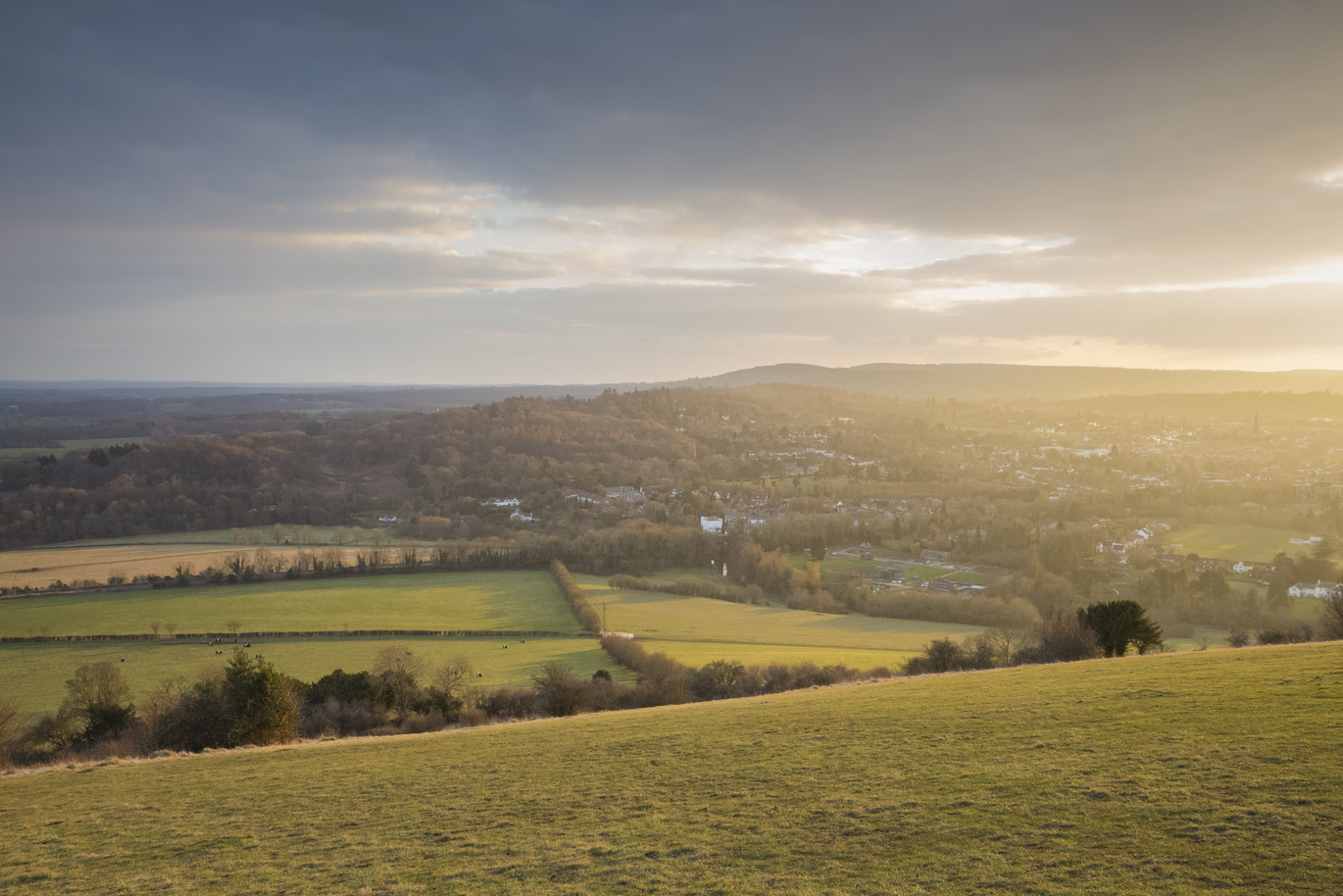A view over the country side at Box Hill in the evening sun light.