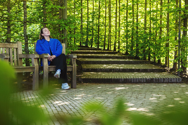 "Female sitting on a bench at the bottom of some shallow steps amongst the trees at Alnwick Gardens"