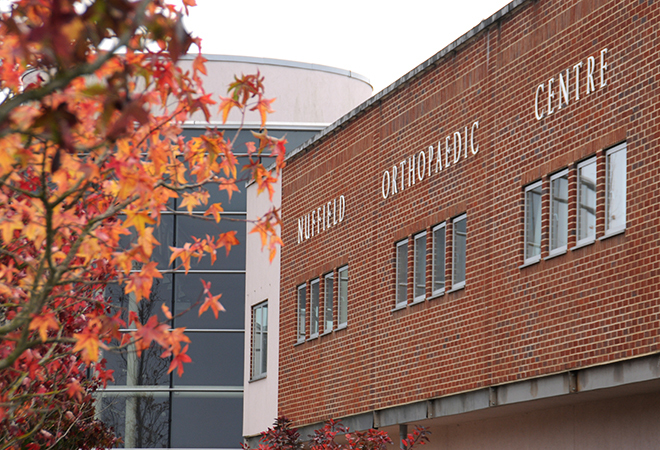"Close up of Nuffield Orthopaedic Centre brick building"