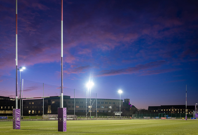 Night picture of the university with sports centre 
