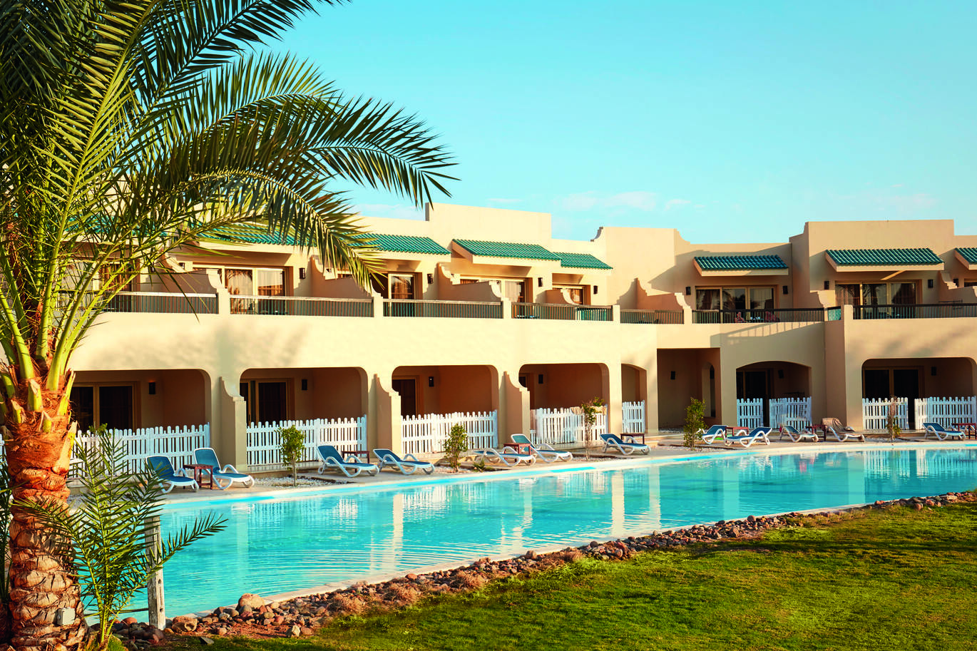 A section of hotel rooms with balconies, top and ground floor with a number of blue sun loungers around the pool. There is one palm tree in the corner on the other side of the pool and a green lawn. The sky above is blue with a number of small white clouds directly above the building.