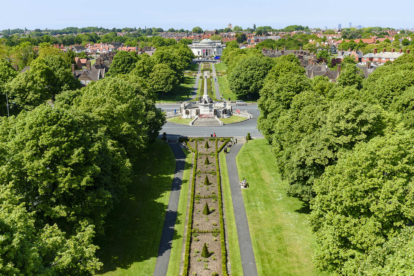 An aerial view of the Diamond in Port Sunlight, with trees to either side of the central paths.