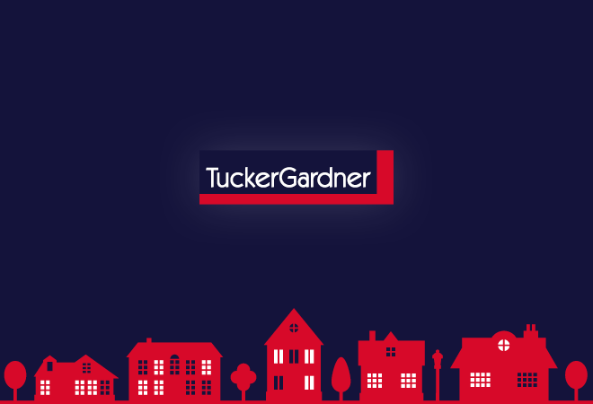 Tucker Gardner logo on a blue background, red houses across the bottom"