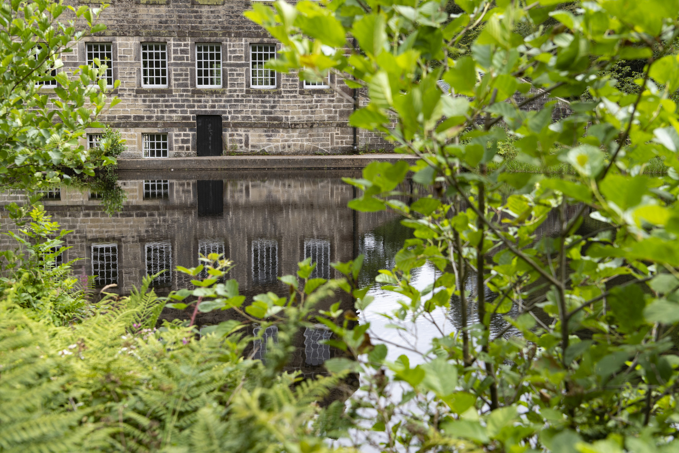 View through the trees and over the lake of the 19th century cotton mill.