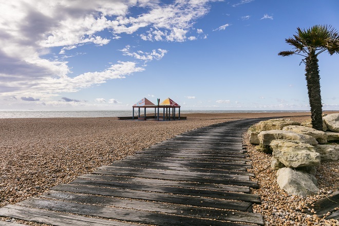 Photo of Folkestone beach. There is a palm tree to the right, a path going through the centre, sand and 2 beach huts to the left."
