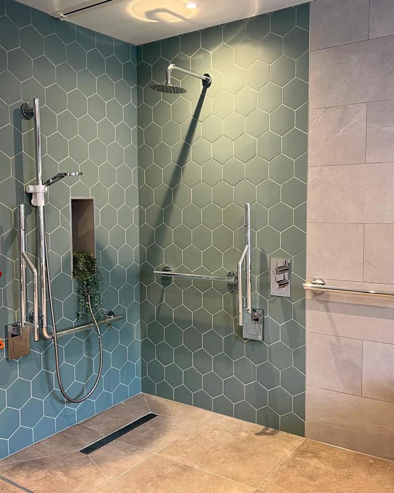 'shower with green background'
