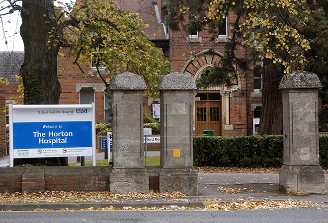 "Close up of The Horton Hospital entrance and welcome sign"