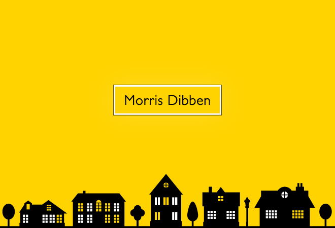 "Morris Dibben logo on a yellow background, black houses across the bottom"