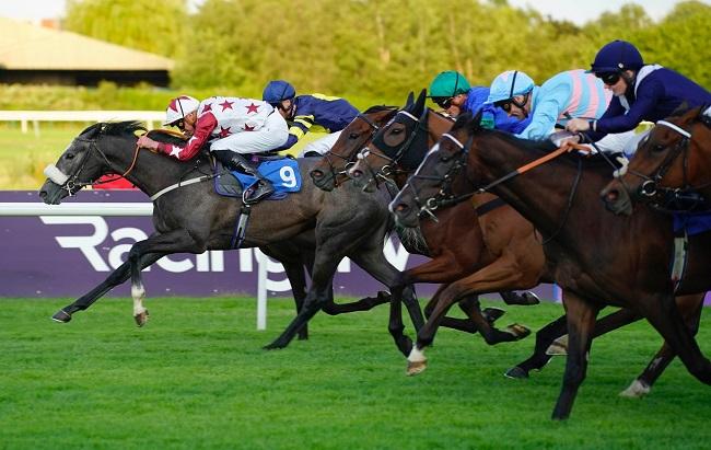 "Close finish of horses racing towards the line, number 9 out in front"