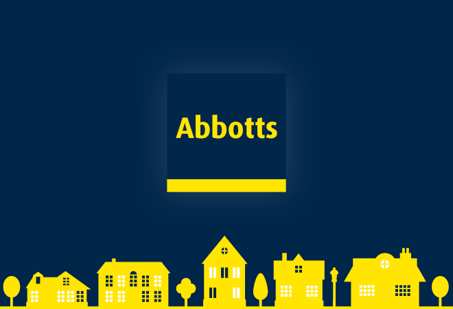 "Abbotts logo on a blue background, yellow houses along the bottom"