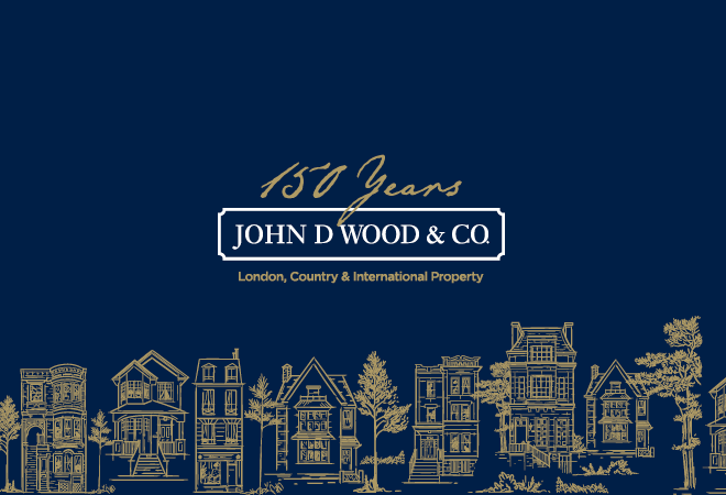 "John D. Wood logo on a blue background, yellow houses across the bottom"