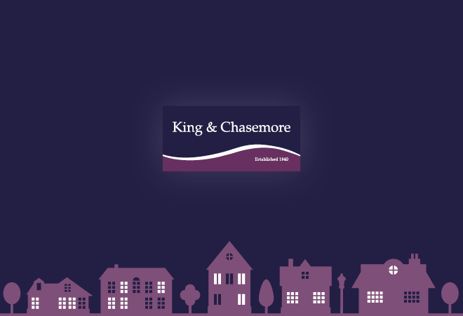 "King & Chasemore logo on a purple background, light purple houses along the bottom"