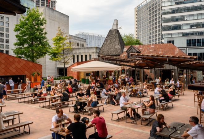 An outdoor canteen in Manchester city centre